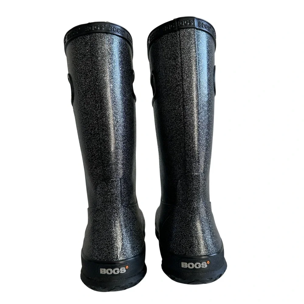 Bogs K RNBT Glitter Black Silver Waterproof Rain Boots Youth Size 6 72399-001